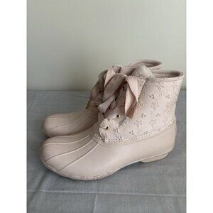 Sperry Saltwater Cotton Lace Pink Floral Lace Up Duck Womens Pink Casual 9